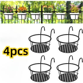 Iron Hanging Plant Holder Over The Rail Metal Fence Planters, Hanging Bucket Flower Pot Holder for Patio Balcony Outdoor Plants - Pack of 4 (Black)