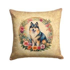 Finnish Lapphund and Flowers Throw Pillow Machine Washable, Indoor Outdoor Decorative Pillow for Couch, Bed or Patio, 14Hx14W