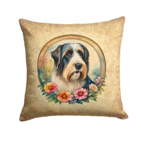 Bearded Collie and Flowers Throw Pillow Machine Washable, Indoor Outdoor Decorative Pillow for Couch, Bed or Patio, 14Hx14W