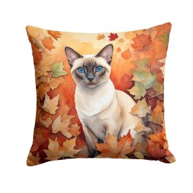 Colorpoint Shorthair Cat in Fall Leaves Throw Pillow Machine Washable, Indoor Outdoor Decorative Pillow for Couch, Bed or Patio, 18Hx18W