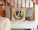 Bearded Collie and Flowers Throw Pillow Machine Washable, Indoor Outdoor Decorative Pillow for Couch, Bed or Patio, 14Hx14W