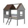 Twin Size Low Loft Wood House Bed with Two Side Windows (Gray +Brown)