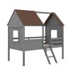 Twin Size Low Loft Wood House Bed with Two Side Windows (Gray +Brown)