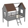 Twin Size Low Loft Wood House Bed with Two Side Windows (Gray +Brown)