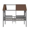 Twin Size Low Loft Wood House Bed with Two Side Windows (Gray +Brown)