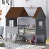 Twin Size Low Loft Wood House Bed with Two Side Windows (Gray +Brown)