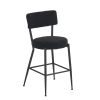 Set of 2 modern teddy fabric upholstered bar stools - Metal base high stool - Suitable for kitchen, dining and living room - Black - Stylish and comfo