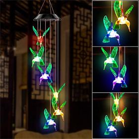 LED Colorful Solar Power Wind Chime Crystal Hummingbird Butterfly Waterproof Outdoor Windchime Solar Light for Garden outdoor (Emitting Color: 1, Ships From: China)